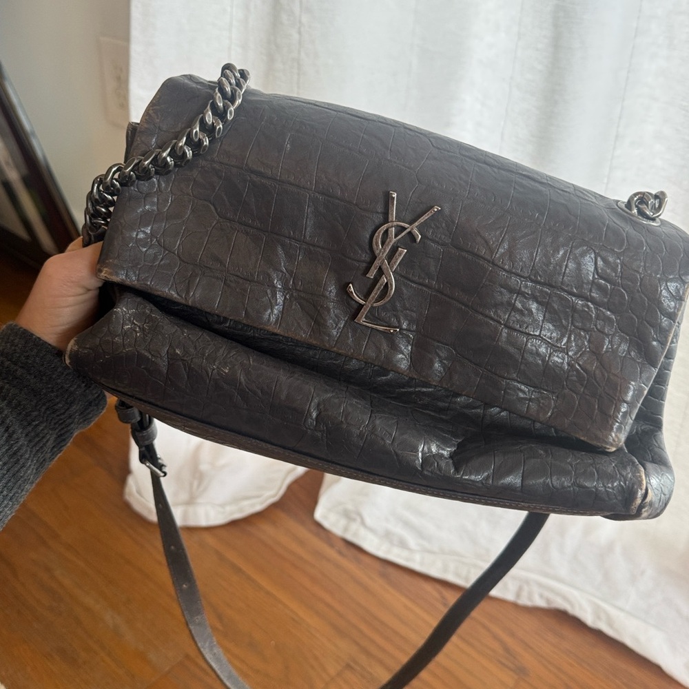 YSL Grey Leather Croc Fold-Over Shoulder Bag